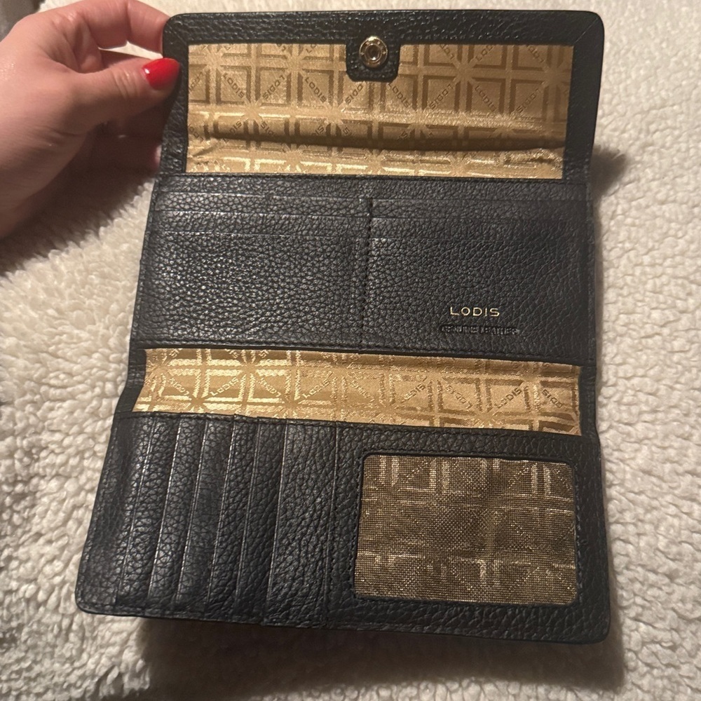Lodis Corsica Ava trifold wallet black leather  with gold snap 4x7.5 - Picture 3 of 6